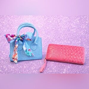 Light Blue Croc Embossed Mini Satchel & Pink Croc Wallet Bundle w Scarf Accent